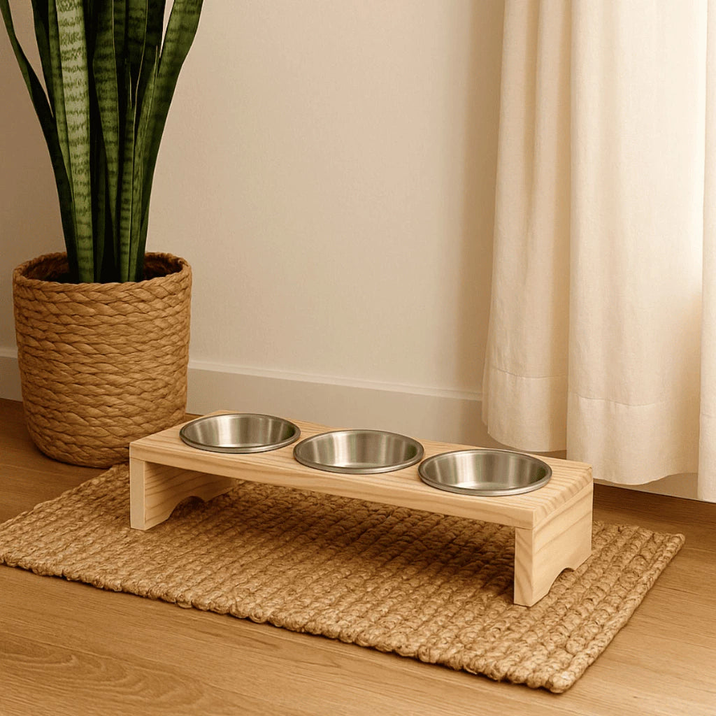 Triple Cat Feeder with Wooden Stand and Aluminum Bowls